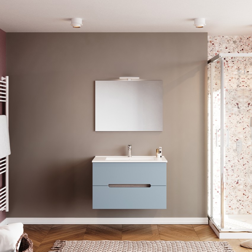Hängender Badezimmerschrank mit Schubladen, Waschbecken 80 cm, Spiegel, LED-Beleuchtung Iris 80